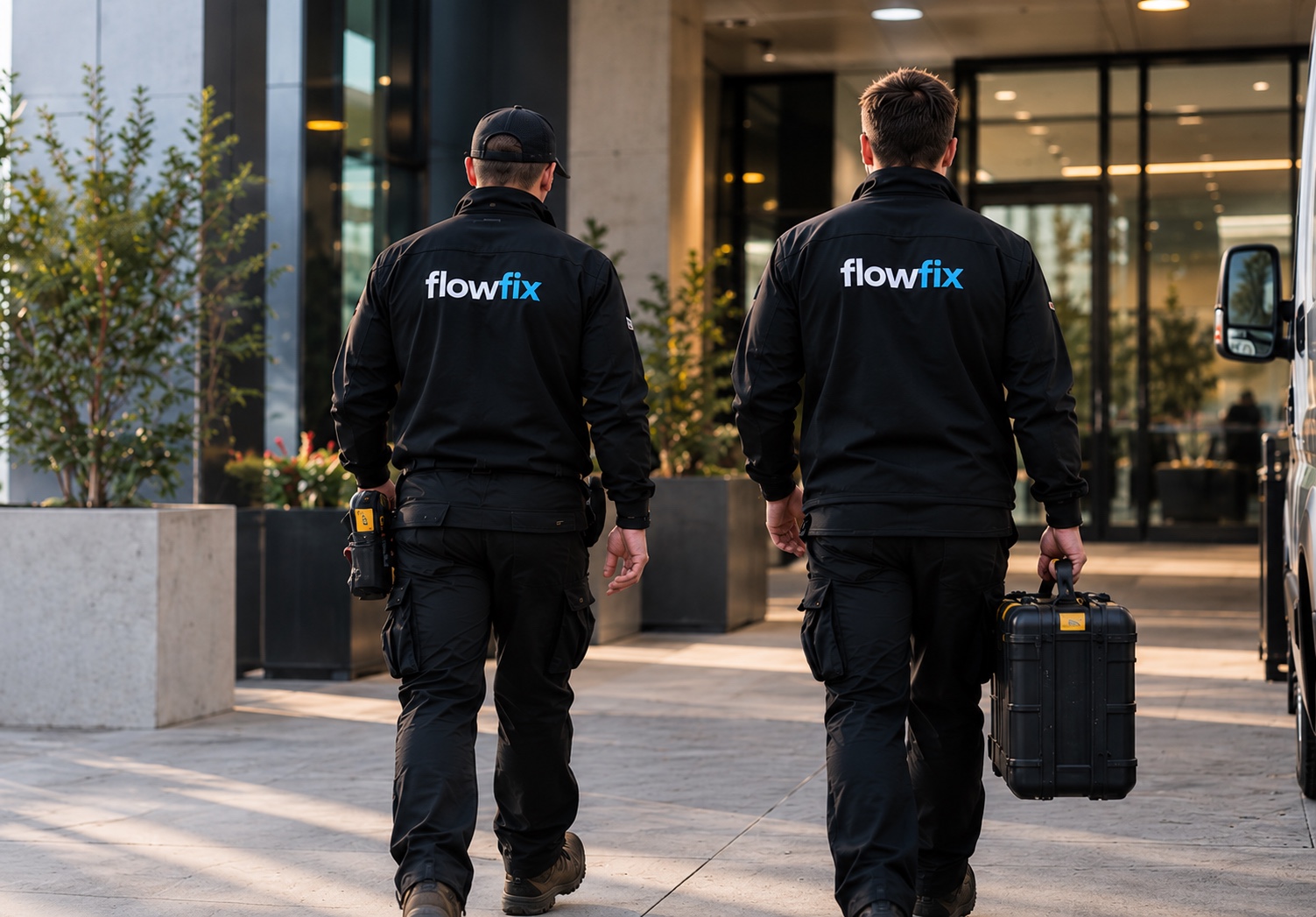 Two FLOWFIX technicians approaching a modern building entrance