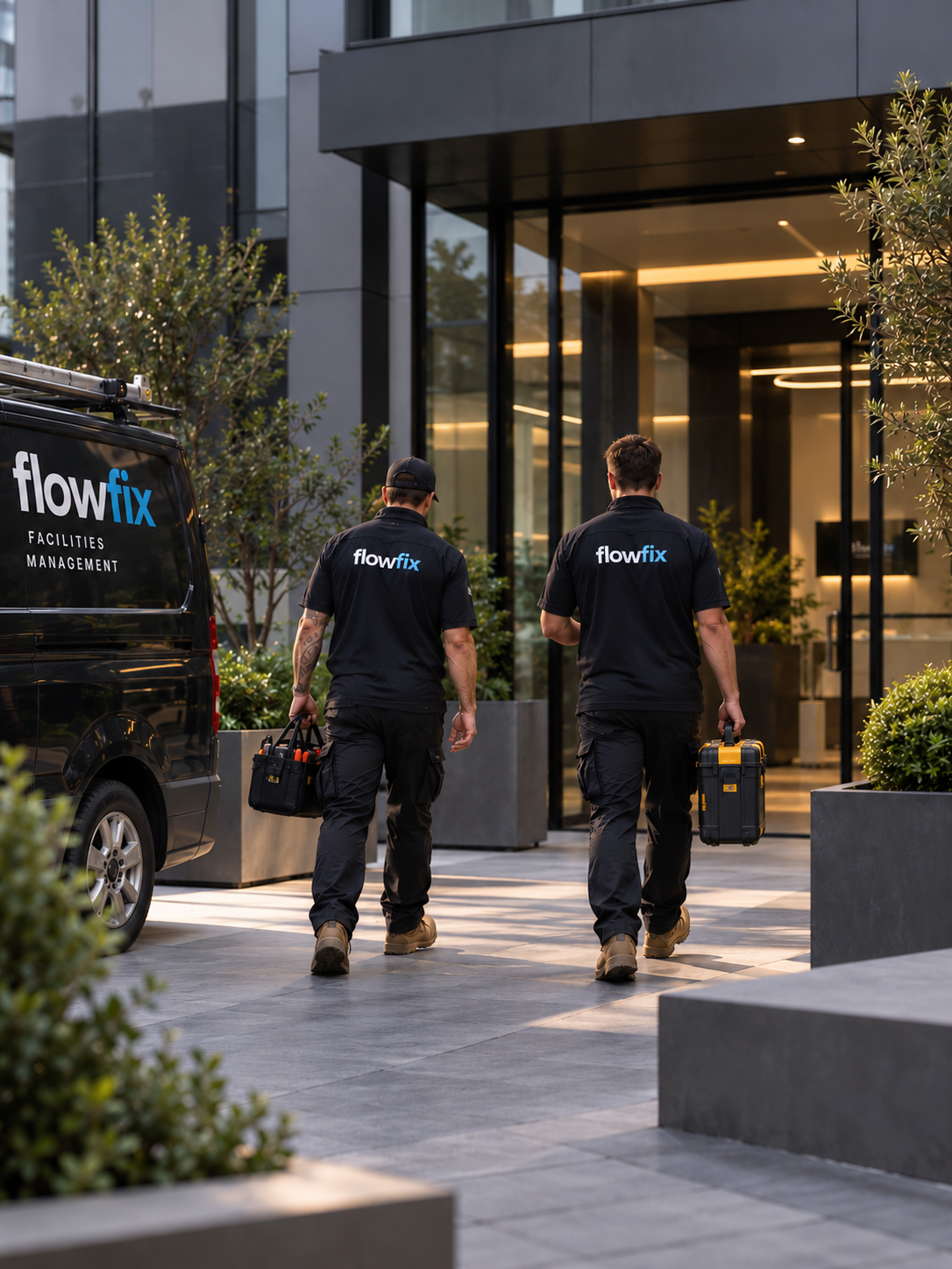 Two FLOWFIX technicians approaching a modern building entrance